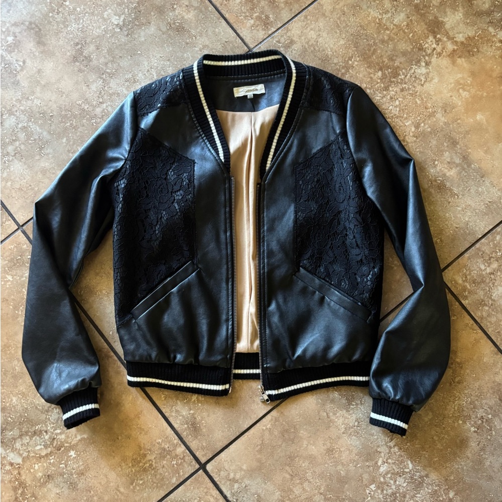 Sugarlips Floral Lace Faux Leather Bomber Jacket